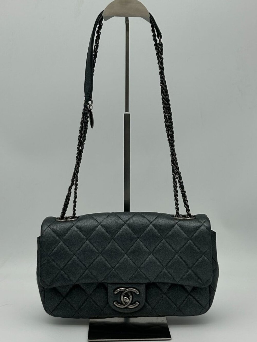 Chanel Quilted Chain Shoulder Bag Gray Silver